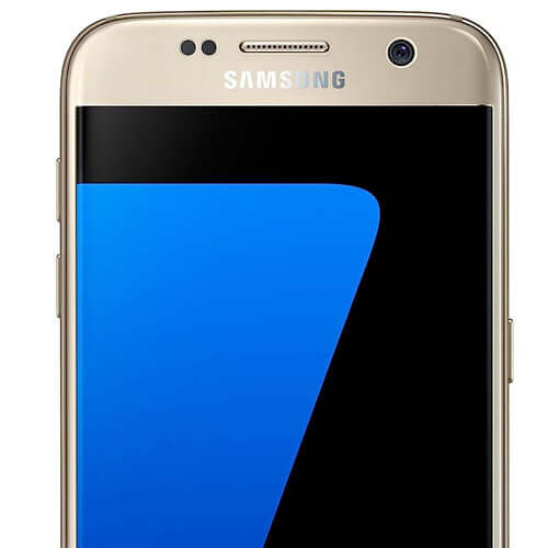 Samsung Galaxy S7 front view with gold trim and blue accents.