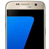 Samsung Galaxy S7 front view with gold trim and blue accents.