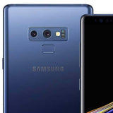 Samsung Galaxy Note 9 with dual camera and Ocean Blue finish, showcasing its sleek design and technology.