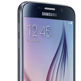 Samsung Galaxy S6 32GB smartphone displaying time and date, featuring black sapphire color and sleek design.