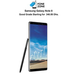 Samsung Galaxy Note 8 smartphone displayed with stylus and city skyline wallpaper, available for 340.00 Dhs.