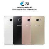 Samsung Galaxy A7 available in white, black, rose gold, and gold colors at Fone Zone for 689.00 Dhs.