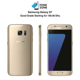 Samsung Galaxy S7 in gold color showcasing front and back design, available for 150 Dhs.