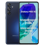 Samsung Galaxy M55 128GB 8GB Ram Dark Blue smartphone featuring Snapdragon 7 Gen 1 and 120Hz sAMOLED+ display.