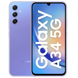 Samsung Galaxy A34 5G in Awesome Violet color shown from front and back with prominent display.