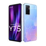 Vivo Y75 smartphone with 128GB storage, 8GB RAM, and sleek blue design, showcasing its stylish features.