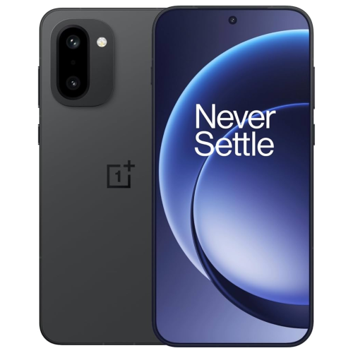 Oneplus 15R smartphone in black showing front and back design with Never Settle slogan