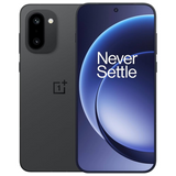 Oneplus 15R smartphone in black showing front and back design with Never Settle slogan