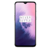 Oneplus 7 smartphone display featuring a vibrant color gradient and 'NEVER SETTLE' slogan on screen.