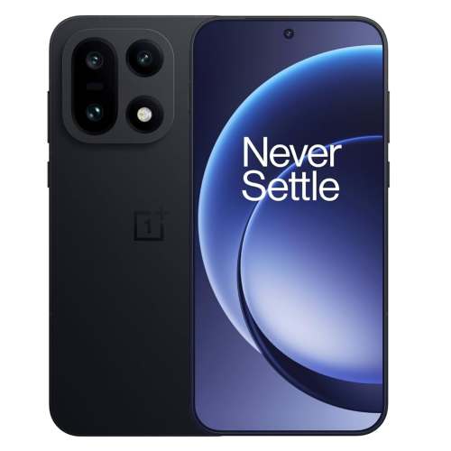 Oneplus 15 5G smartphone in black color showing front display with 'Never Settle' slogan