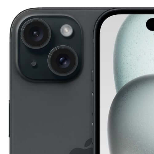 Close-up view of the camera features on the Apple iPhone 15 Plus smartphone.