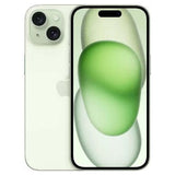 Apple iPhone 15 in green, featuring dual cameras and a sleek design, showcasing its display.