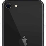 Apple iPhone SE rear view showing camera and Apple logo, sleek black design.