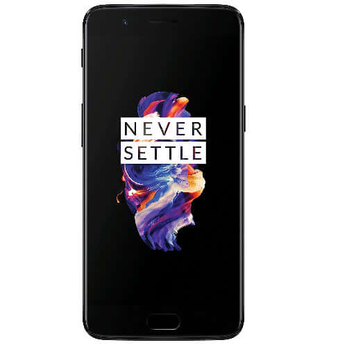 OnePlus 5 smartphone with a colorful wallpaper and 'NEVER SETTLE' slogan on the screen.