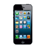 Apple iPhone 5 showing home screen with apps and features, 32GB storage, and sleek black design.