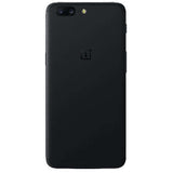 Back view of the OnePlus 5 smartphone in black, showcasing its dual camera and logo.