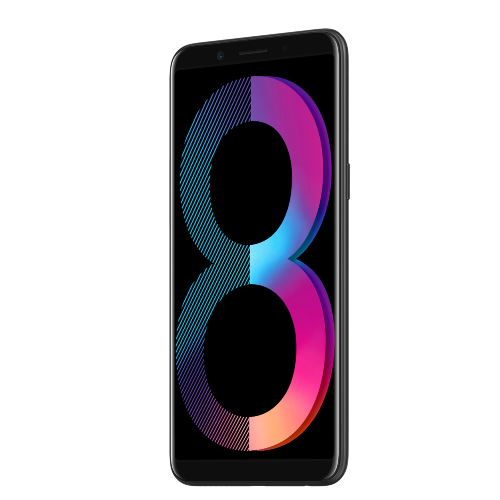 Oppo A83 smartphone with 5.7-inch display featuring vibrant colorful design and sleek black body.
