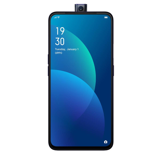 Oppo F11 Pro smartphone front view in Aurora Green, showcasing display features and pop-up camera design.