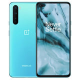 Oneplus Nord N100 smartphone in blue color showcasing the front and back, featuring display and camera.
