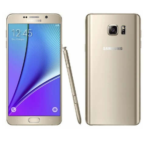 Samsung Galaxy Note 5 Single SIM Gold Platinum smartphone with stylus and dual view.