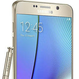 Samsung Galaxy Note 5 front view in Gold Platinum with stylus.
