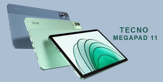 Tecno Megapad 11 showcasing its sleek design and display features in various colors.