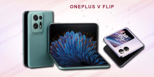 Three views of the OnePlus V Flip smartphone showcasing its design and features.