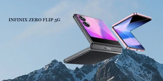 Infinix Zero Flip 5G smartphone showcased against a mountain background, highlighting its sleek design.