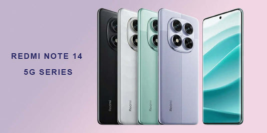 Image showcasing the latest Redmi Note 14 5G series smartphones in various colors.