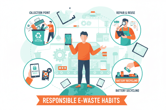 Effective E-Waste Management habits illustrated through responsible practices like collection, repair, and recycling.