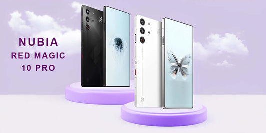 Nubia Red Magic 10 Pro smartphones displayed on a podium with a pastel background.