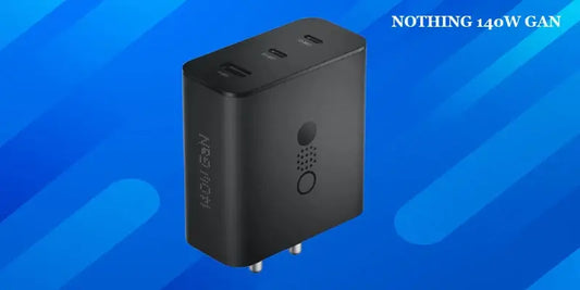 Nothing 140W GaN Charger featured with multiple USB ports on a blue background.