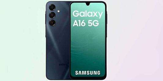 Samsung Galaxy A16 5G smartphone displayed from the front and back with a sleek design.