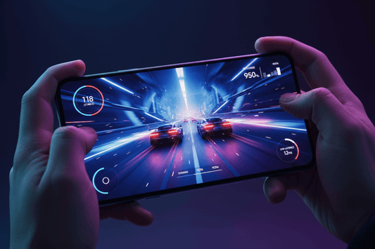 Realme 16T gaming performance display with high-speed racing game graphics on a smartphone.