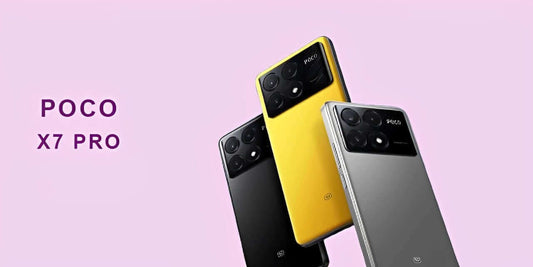 Poco X7 Pro in black, yellow, and gray colors displayed against a pink background.