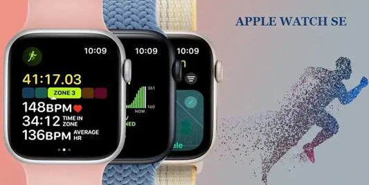 Three Apple Watch SE models displaying fitness tracking metrics and colorful bands for active consumers.