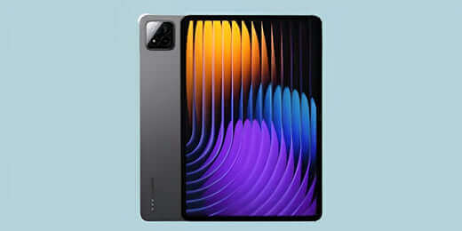Xiaomi Pad 7 tablet showcasing its vibrant display and sleek design on a light blue background.