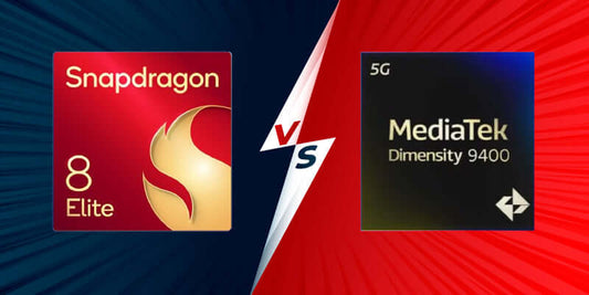 Snapdragon 8 Elite vs. MediaTek 9400 benchmark image showing both chipsets for comparison.