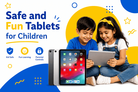 Children enjoying Safe and Fun Tablets for learning with parental controls and kid-safe features.