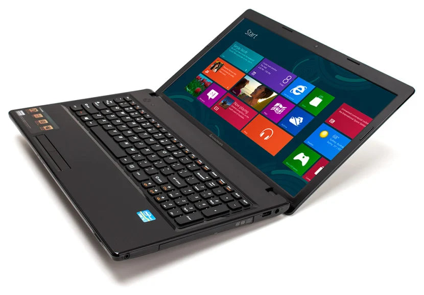 LENOVO G580 laptop showcasing a black design with an open screen displaying Windows interface.