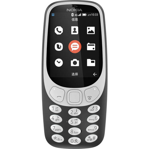 Nokia 3310 mobile phone with black and white design and colorful interface icons.