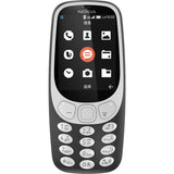 Nokia 3310 mobile phone with black and white design and colorful interface icons.