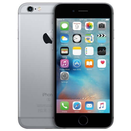 Refurbished iPhone 6 128GB Space Grey showing front and back with touchscreen and apps.