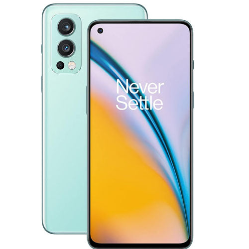 OnePlus Nord 2 5G smartphone rear and front view with 'Never Settle' display.