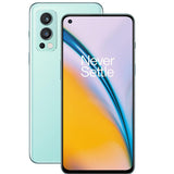 OnePlus Nord 2 5G smartphone rear and front view with 'Never Settle' display.