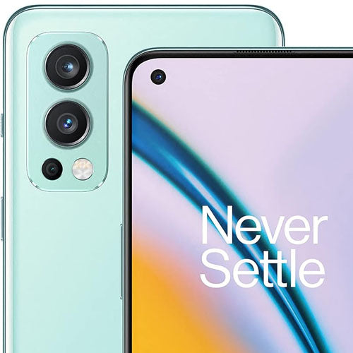 OnePlus Nord 2 5G smartphone showcasing its three rear cameras and front display with 'Never Settle' tagline.