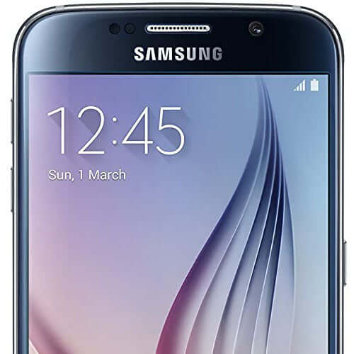 Samsung Galaxy S6 32GB smartphone display showcasing time and date on a touchscreen interface.
