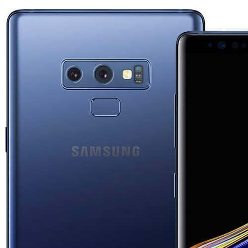 Samsung Galaxy Note 9 with dual camera and Ocean Blue finish, showcasing its sleek design and technology.