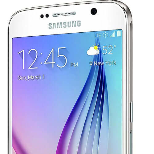 Samsung Galaxy S6 smartphone display showing time and weather, featuring a sleek design and modern interface.
