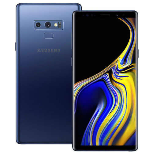 Samsung Galaxy Note 9 smartphone in Ocean Blue color showing front and back design with dual camera and large display.